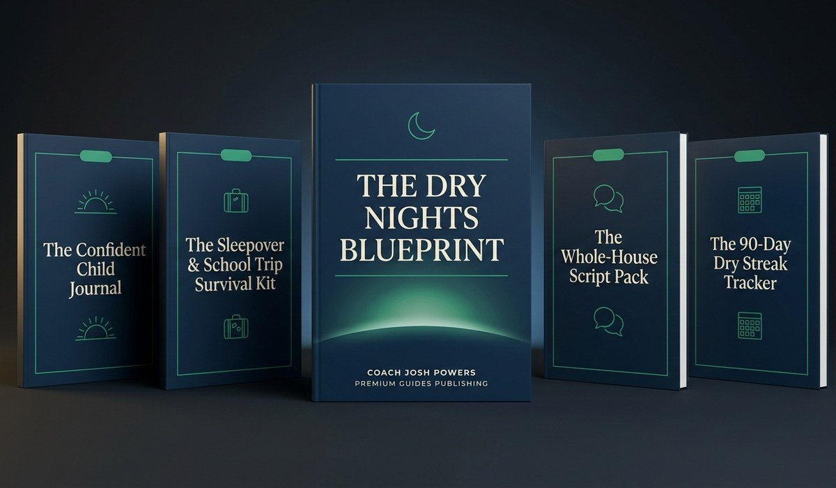 The Dry Nights Blueprint shown with all four bonus resources: the Confident Child Journal, the Sleepover and School Trip Survival Kit, the Whole-House Script Pack and the 90-Day Dry Streak Tracker.