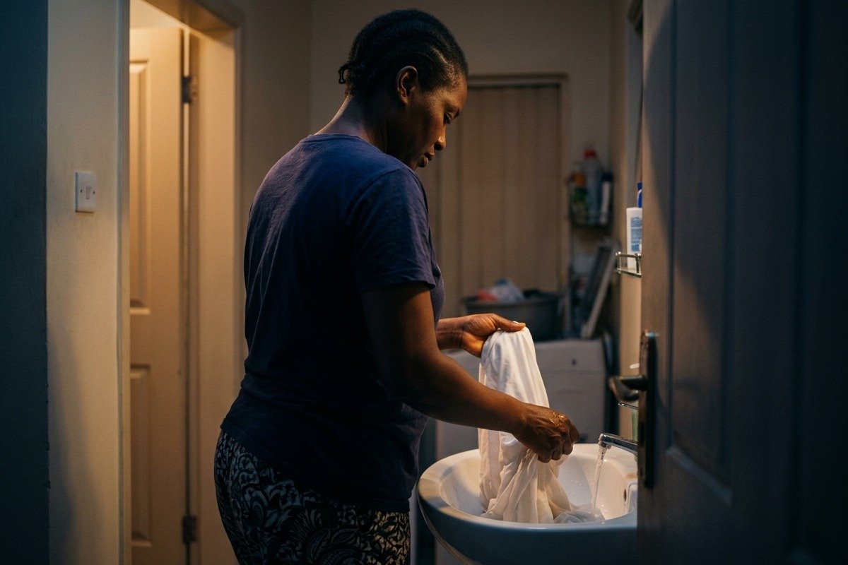 A mother rinsing a bedsheet at a sink late at night, lit only by a hallway light.
