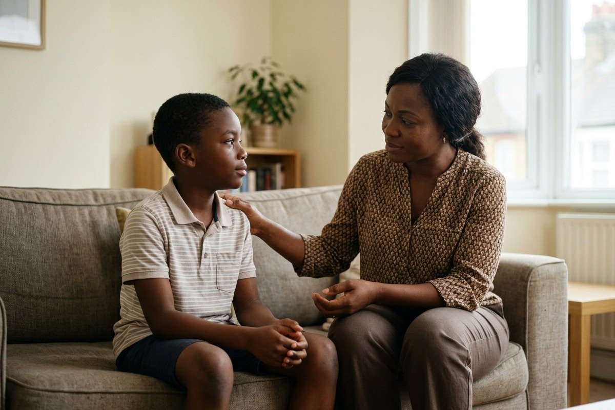 A mother and her son sitting together, talking calmly in a bright living room.